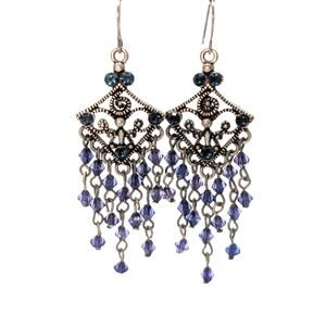 Blue Bead Chandelier Silver Tone Earrings